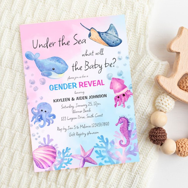 Under the sea gender reveal cute sea critters invitation (Under the sea gender reveal invitation template digital download cute sea critters pink blue boy gir)