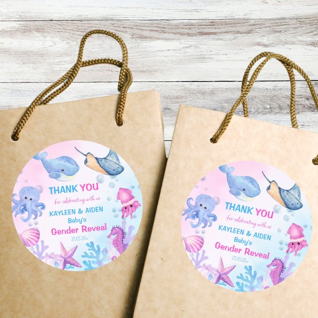Under the sea gender reveal cute thank you favour classic round sticker (Under the sea gender reveal party cute pink and blue  sea creatures thank you favor sticker)