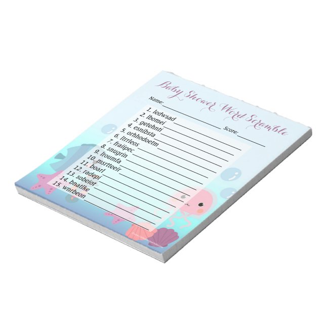 Under the Sea Girl Baby Shower Word Scramble Game Notepad (Rotated)