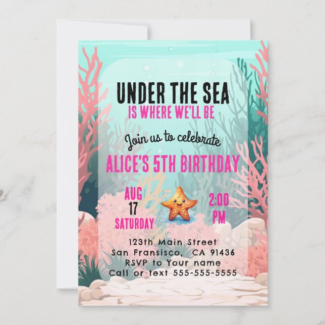 Under the Sea Girl Birthday Invitation Pink (Front)