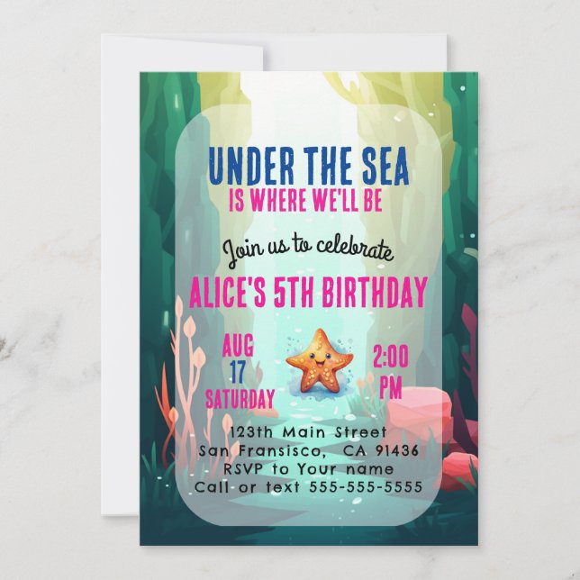 Under the Sea Girl Birthday Invitation Pink (Front)