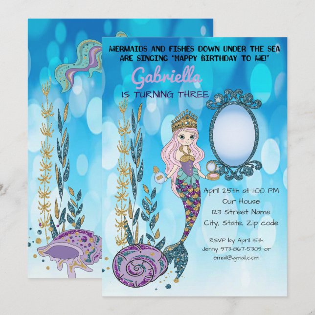 Under The Sea Glitter Mermaid Birthday Invitation (Front/Back)