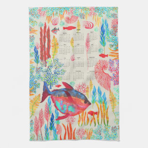 Under the Sea handpainted watercolor 2026 calendar Tea Towel