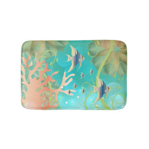 Under the Sea in Coral and Blue Teal Bath Mat