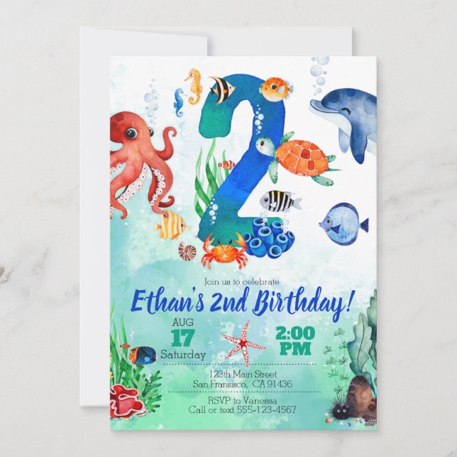Under The Sea Invitation for 2nd Birthday (Front)
