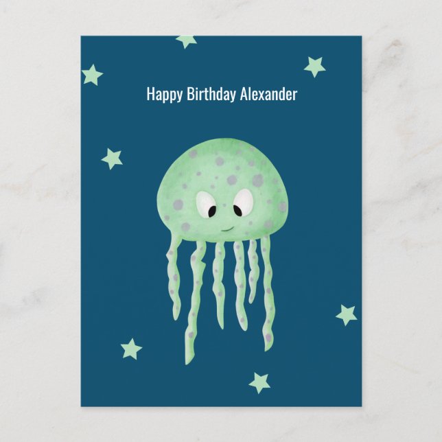 Under the Sea Jellyfish Personalised Blue Birthday Postcard (Front)