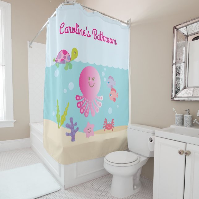 Under the Sea Kid's Pink Girl's Bathroom Shower Curtain (In Situ)