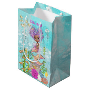 Under the Sea Little Brown Mermaid Birthday Medium Gift Bag