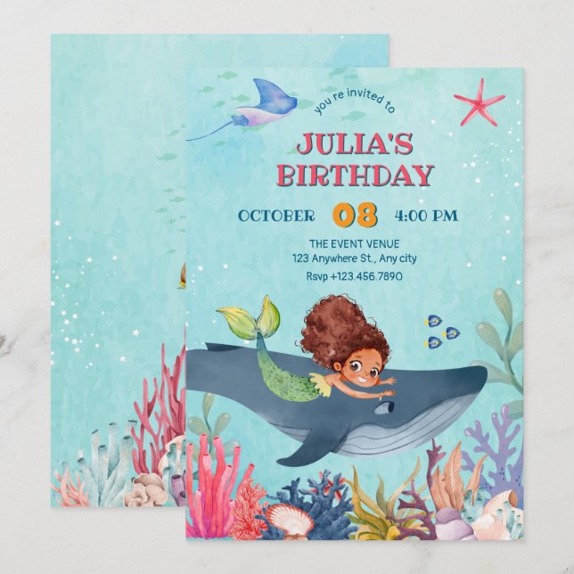 Under the sea little mermaid and whale birthday invitation (Front/Back)