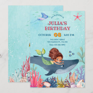Under the sea little mermaid and whale birthday invitation