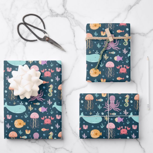 Under the Sea Marine Animals Swimming in the Ocean Wrapping Paper Sheet (Front)