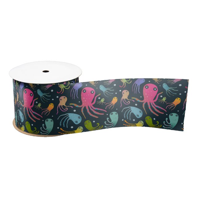 Under the Sea Marine Life Cartoon Dark Background  Satin Ribbon (Spool)