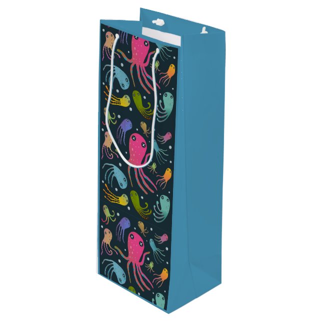 Under the Sea Marine Life Cartoon Dark Background  Wine Gift Bag (Front Angled)