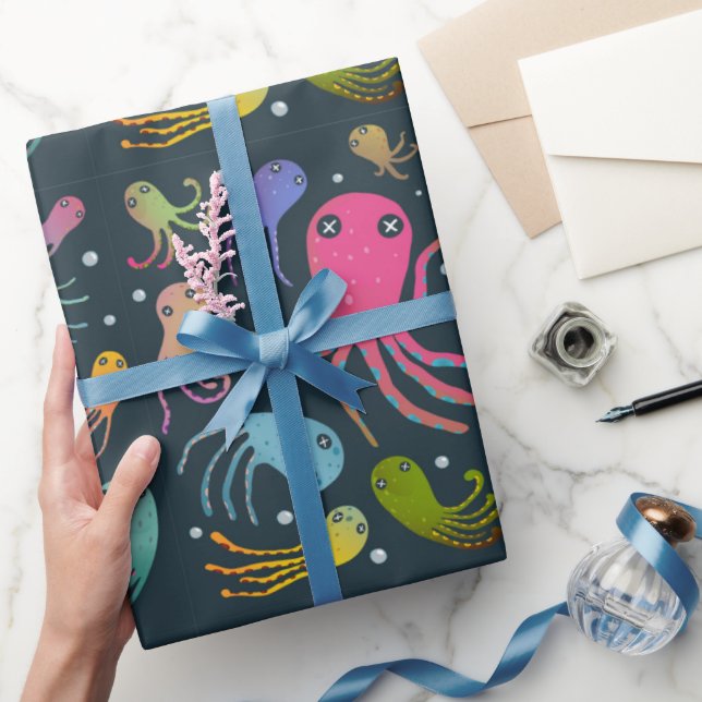 Under the Sea Marine Life Cartoon Dark Background Wrapping Paper (Gifting)