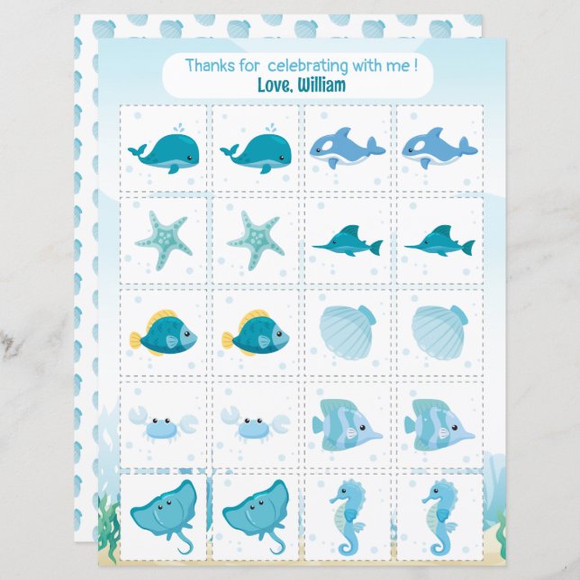 Under the sea memory game party favour (Front/Back)