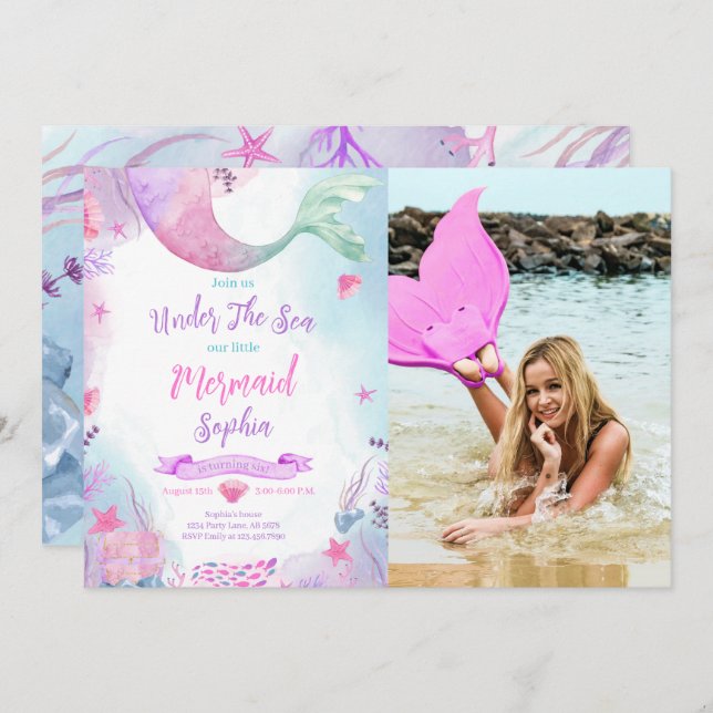 Under The Sea Mermaid 1st Birthday Photo Invitation (Front/Back)