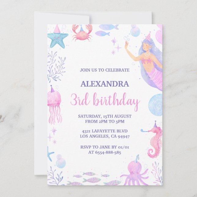 Under the Sea Mermaid 3rd Birthday Invitation (Front)