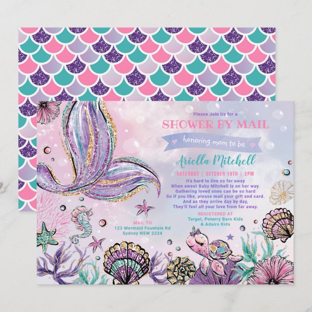 Under the Sea Mermaid Baby Shower By Mail Invitation (Front/Back)