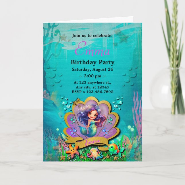 Under The Sea & Mermaid Birthday Girl Party Invitation (Front)
