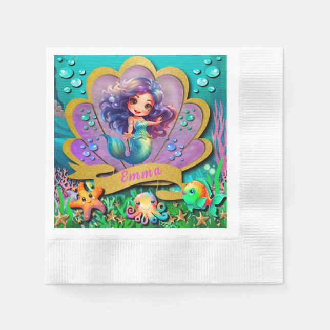 Under The Sea & Mermaid Birthday Girl Party Napkin (Front)
