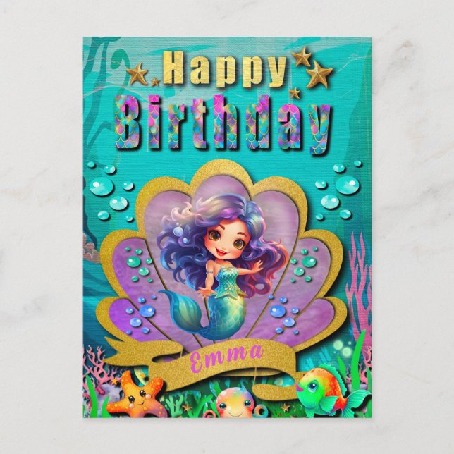Under The Sea & Mermaid Birthday Girl Party Postcard (Front)