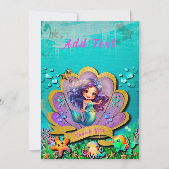 Under The Sea & Mermaid Birthday Girl Party Thank You Card (Front)