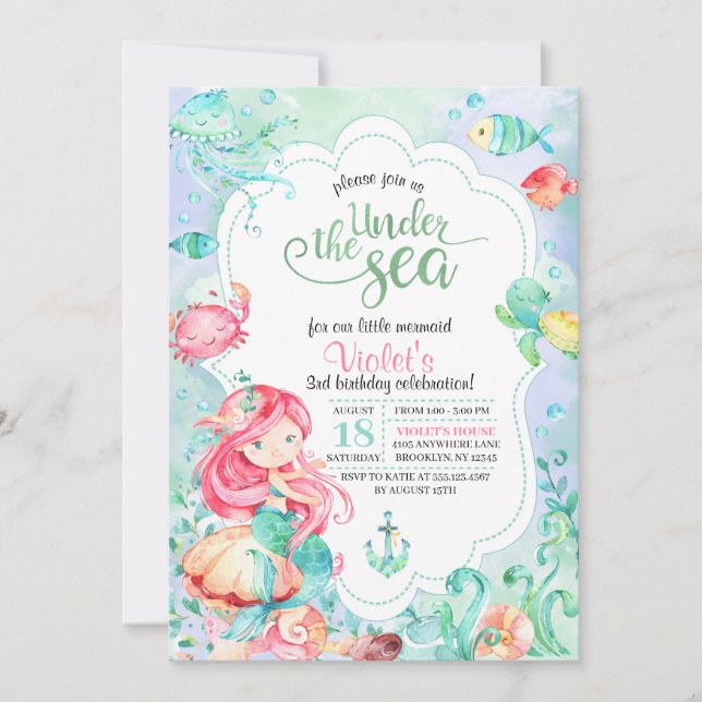 Under The Sea Mermaid Birthday Invitation (Front)