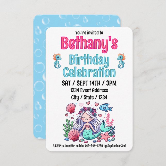 Under The Sea Mermaid Birthday Invitation (Front/Back)