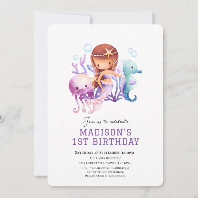 Under the sea Mermaid birthday invitation (Front)