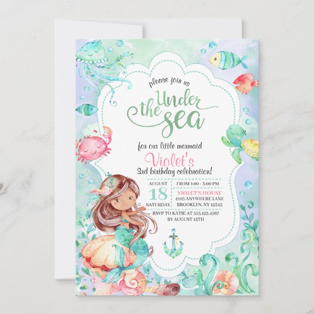 Under The Sea Mermaid Birthday Invitation (Front)