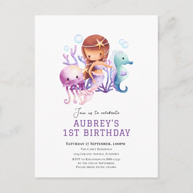 Under the sea Mermaid birthday invitation Postcard (Front)