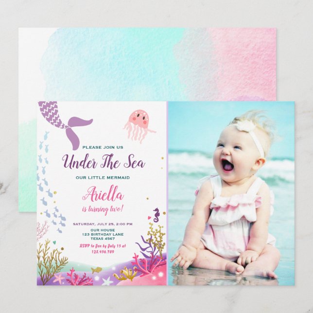 Under the Sea Mermaid Birthday Invitation Purple (Front/Back)