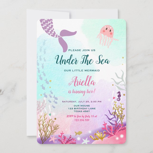 Under the Sea Mermaid Birthday Invitation Purple (Front)