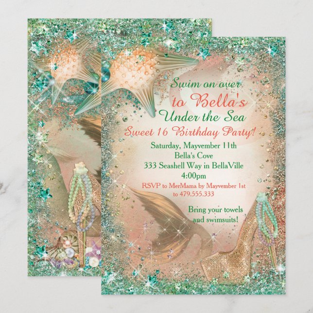 Under the Sea Mermaid Birthday Invitations (Front/Back)