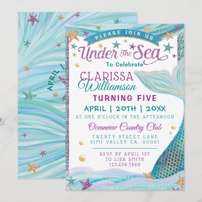Under The Sea Mermaid Birthday Party Invitation (Front/Back)