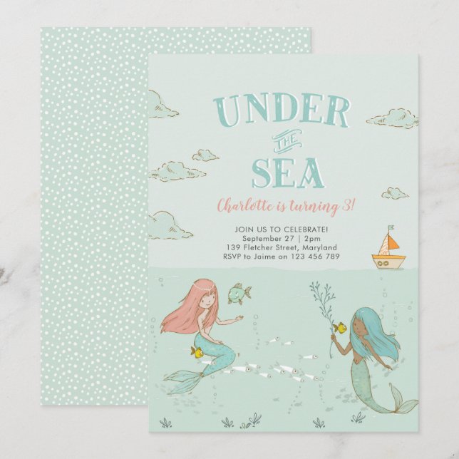 Under the Sea Mermaid Birthday party Invitation (Front/Back)