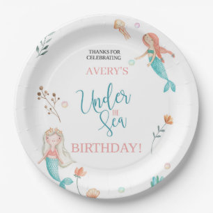 UNDER THE SEA, MERMAID BIRTHDAY,WATERCOLOR MERMAID PAPER PLATE