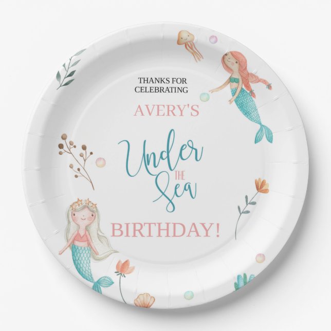 UNDER THE SEA, MERMAID BIRTHDAY,WATERCOLOR MERMAID PAPER PLATE (Front)