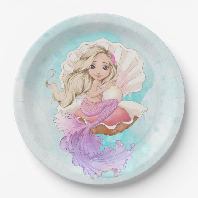 Under the Sea Mermaid (Blonde) in Oyster Shell  Paper Plate (Front)