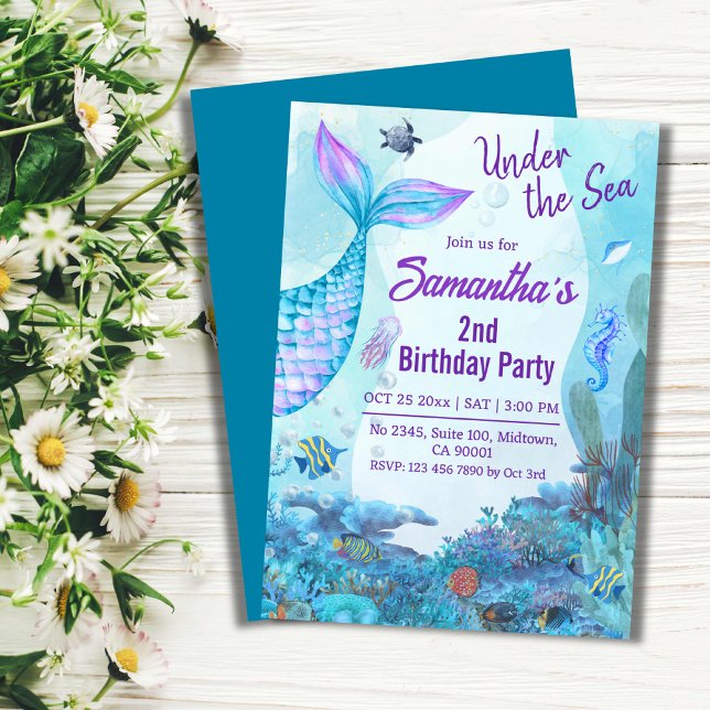 Under the sea mermaid blue & purple 2nd birthday invitation (Creator Uploaded)