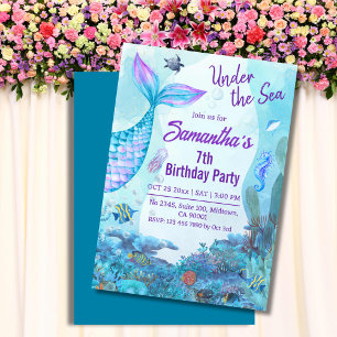 Under the sea mermaid blue & purple 7th birthday  invitation