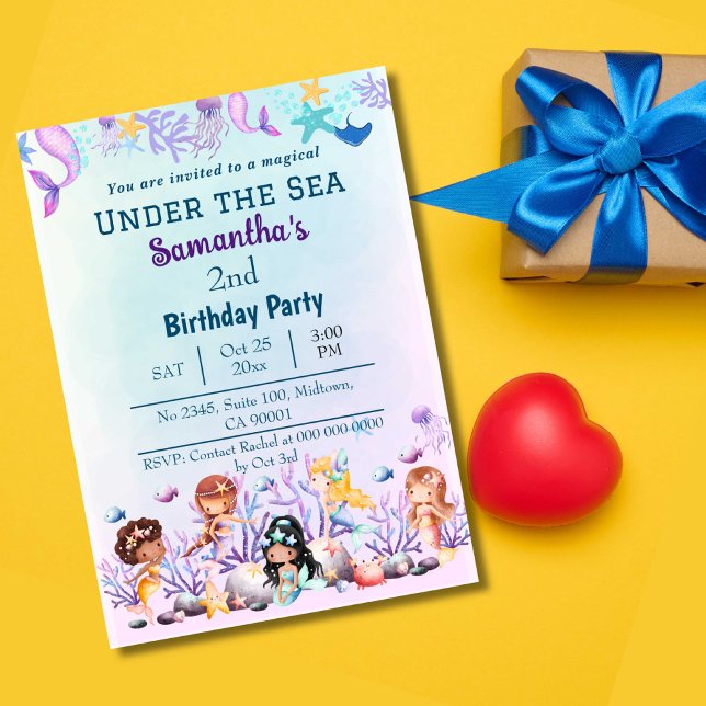 Under the sea mermaid cute kids blue 2nd birthday invitation (Creator Uploaded)