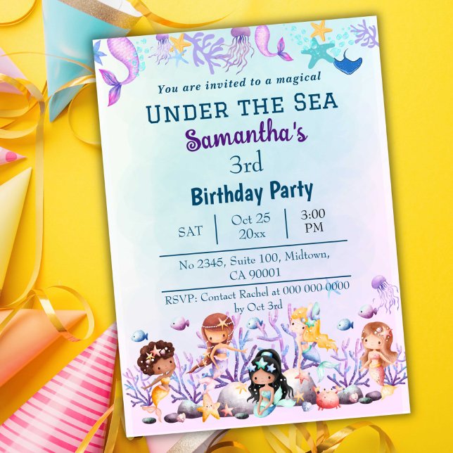 Under the sea mermaid cute kids blue 3rd birthday invitation (Creator Uploaded)