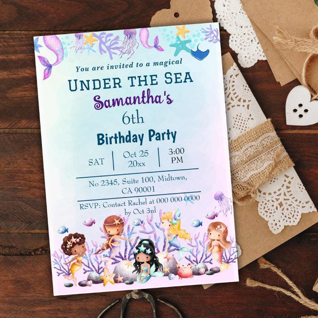Under the sea mermaid cute kids blue 6th birthday invitation (Creator Uploaded)