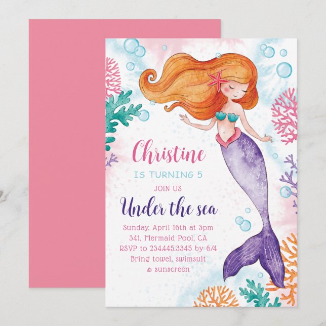 Under The Sea Mermaid Girls Birthday Party Invitation (Front/Back)