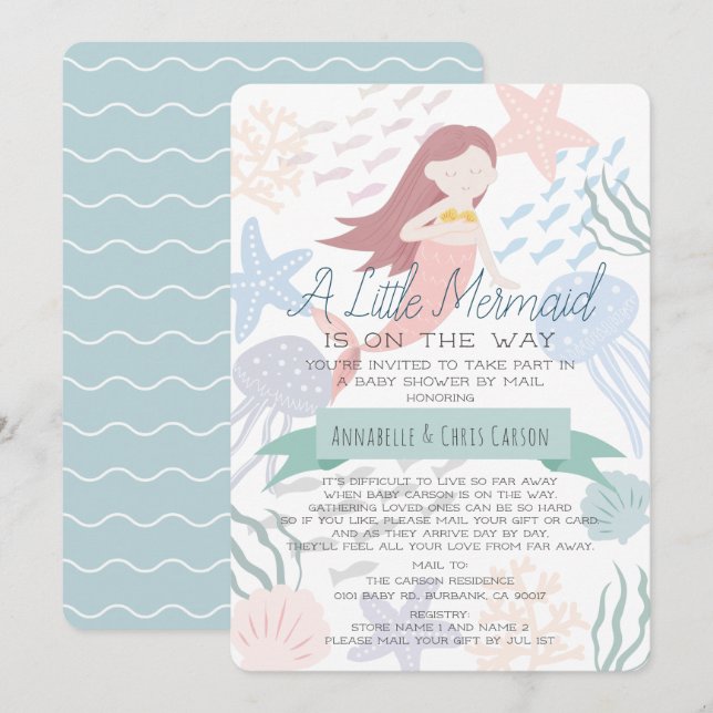 Under the Sea Mermaid Green Baby Shower by Mail In Invitation (Front/Back)