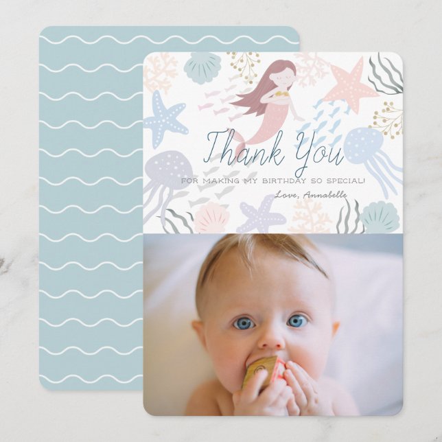 Under the Sea Mermaid Green Photo Thank You Card (Front/Back)