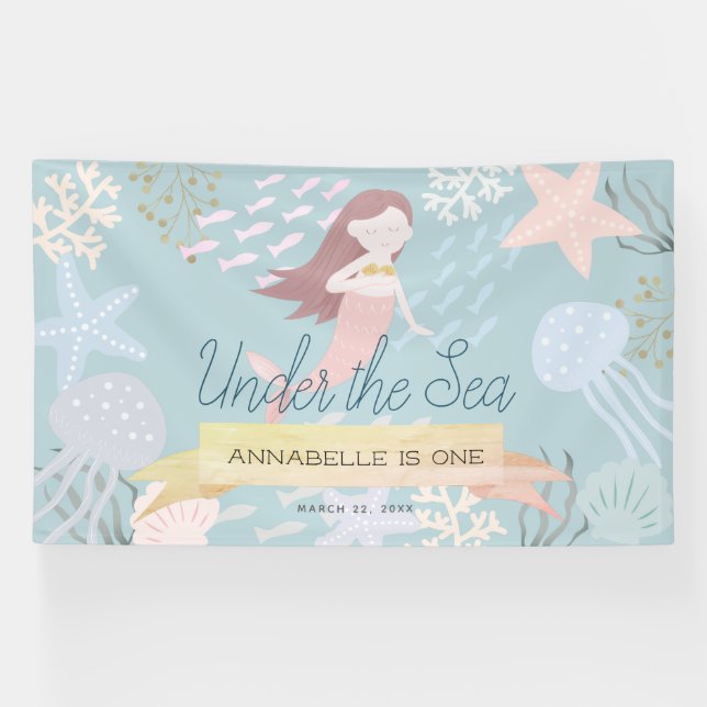 Under the Sea Mermaid Light Sea Green Birthday Banner (Horizontal)