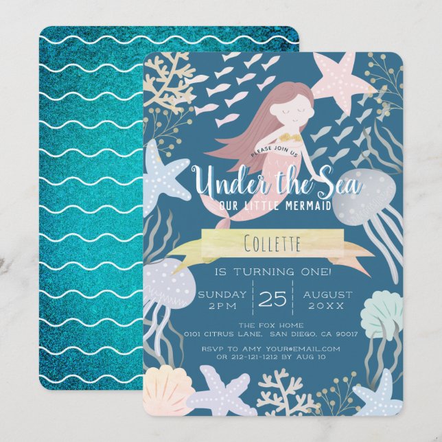 Under the Sea Mermaid Navy 1st Birthday Invitation (Front/Back)