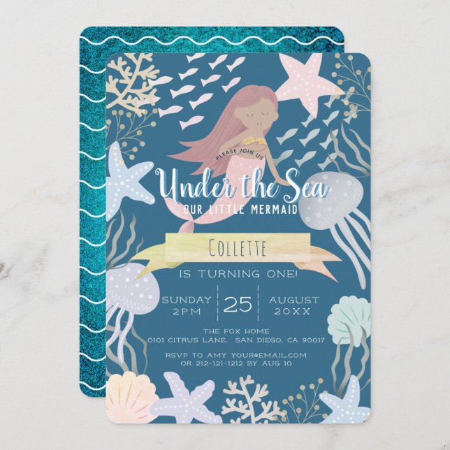 Under the Sea Mermaid Navy 1st Birthday Invitation (Front/Back)